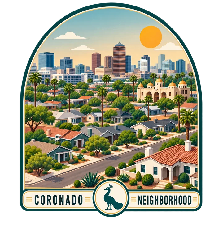 Illustrated Coronado neighborhood, downtown Phoenix skyline, and peacock badge