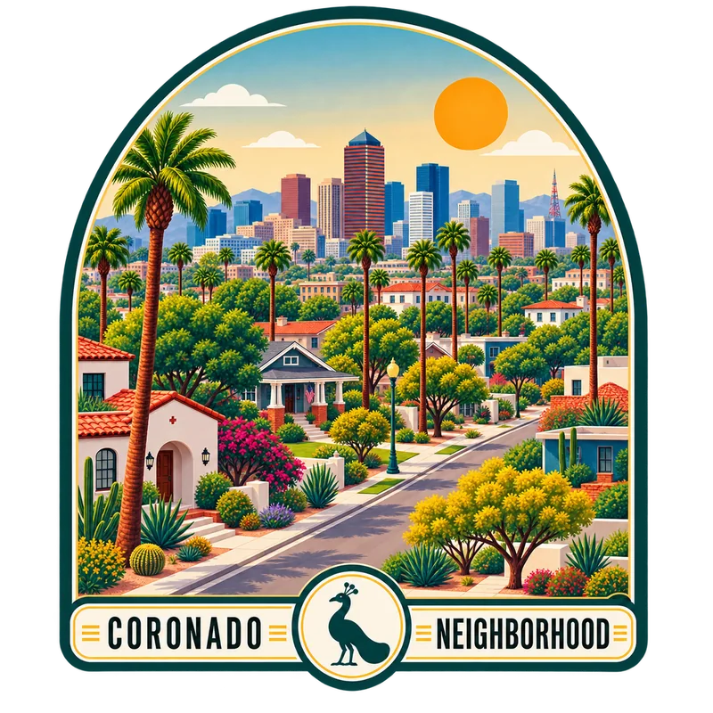 Illustrated Coronado homes, palms, downtown Phoenix skyline, and peacock neighborhood badge