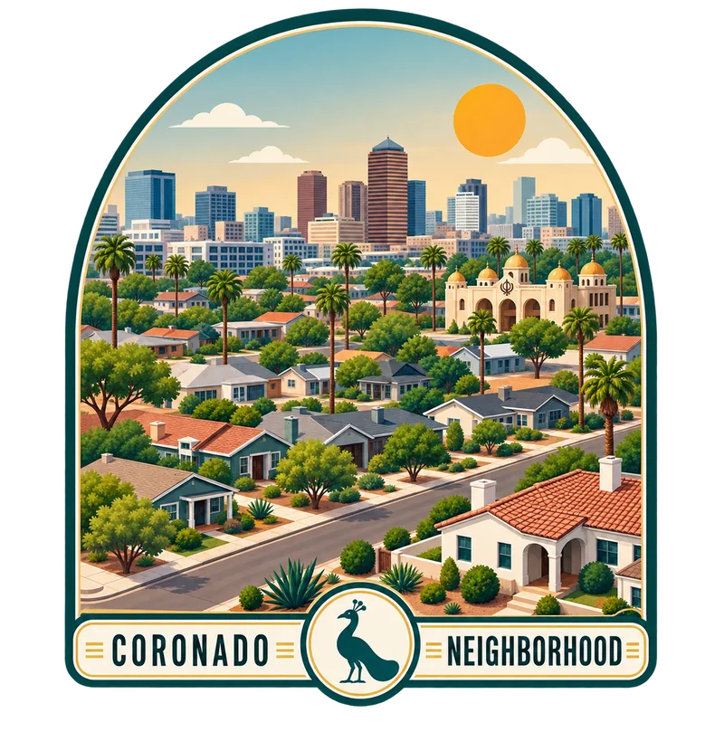 Illustrated Coronado neighborhood, downtown Phoenix skyline, and peacock badge