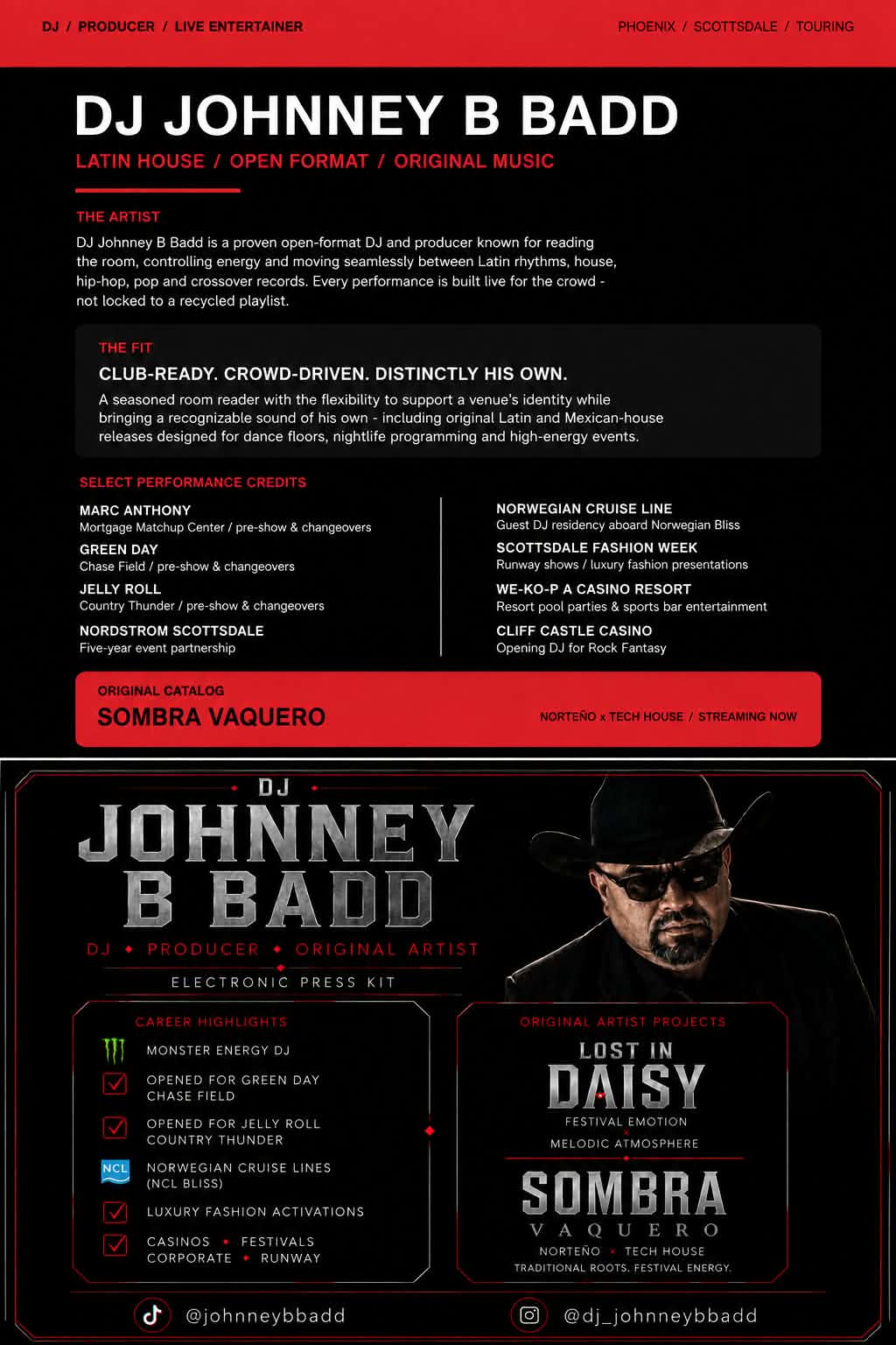 DJ Johnney B Badd in a black hat and sunglasses, shown on a red-and-black electronic press kit graphic.